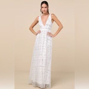 Lulus Solita White Sequin Mesh Sleeveless Maxi Dress - Size S